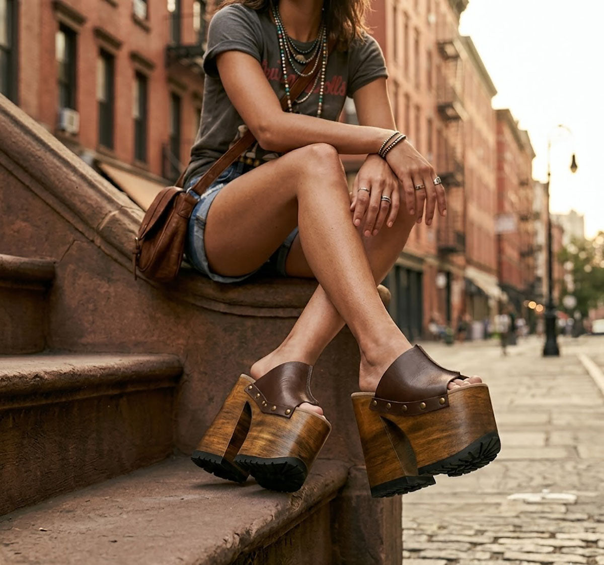 Model wearing the Brown Luxury Queen Sandals by Sol Caleyo, showcasing the 17 cm wooden platform and deep brown leather straps for a sophisticated, high-fashion look.