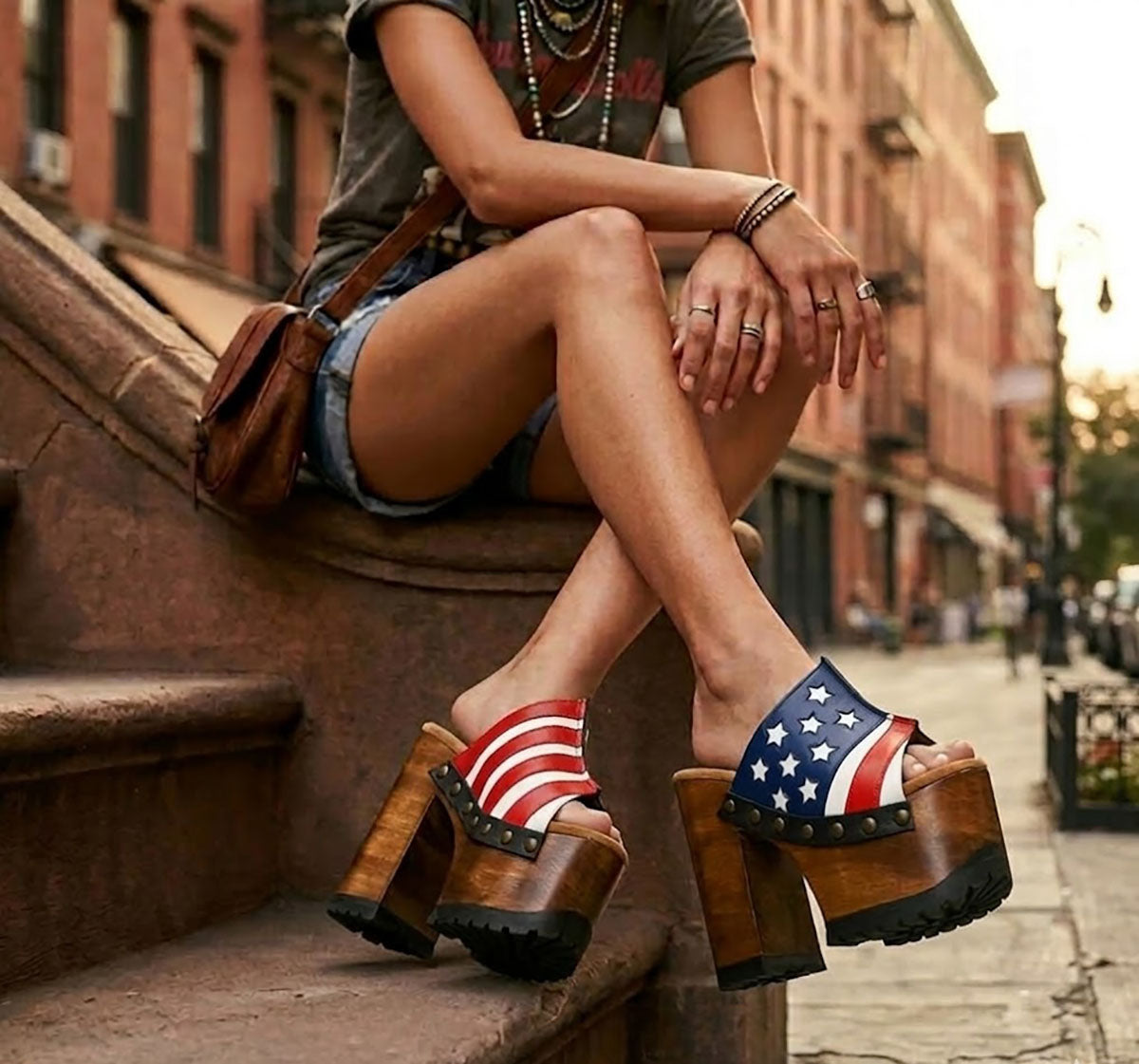 Sandals with a unique American flag design. Vintage-style platform sandals with wooden heels. Heels with a unique American flag design. High-end footwear handmade to order. Exclusive design by Sol Caleyo.