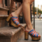Vintage style platform sandals with wooden heel made in leather. Sizes 34 to 47. Super high wooden heel inspired by the 70s. Exclusive English flag design. High quality handmade leather footwear.