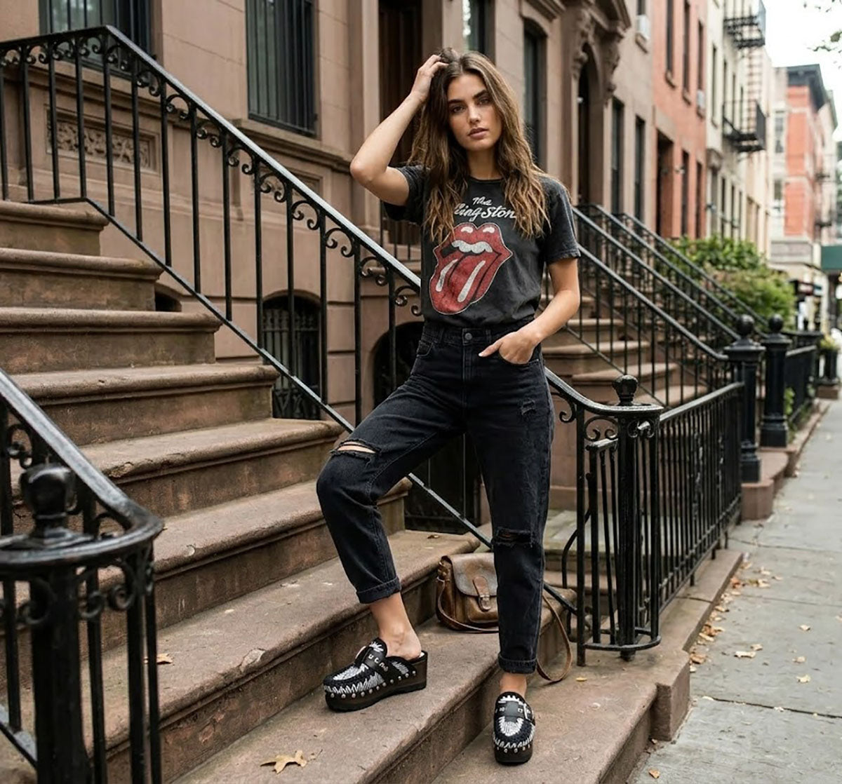 Model wearing Sol Caleyo Zebra Oxford Clogs with a 6 cm heel and 5 cm platform, showcasing the zebra-patterned leather and sophisticated bohemian style.