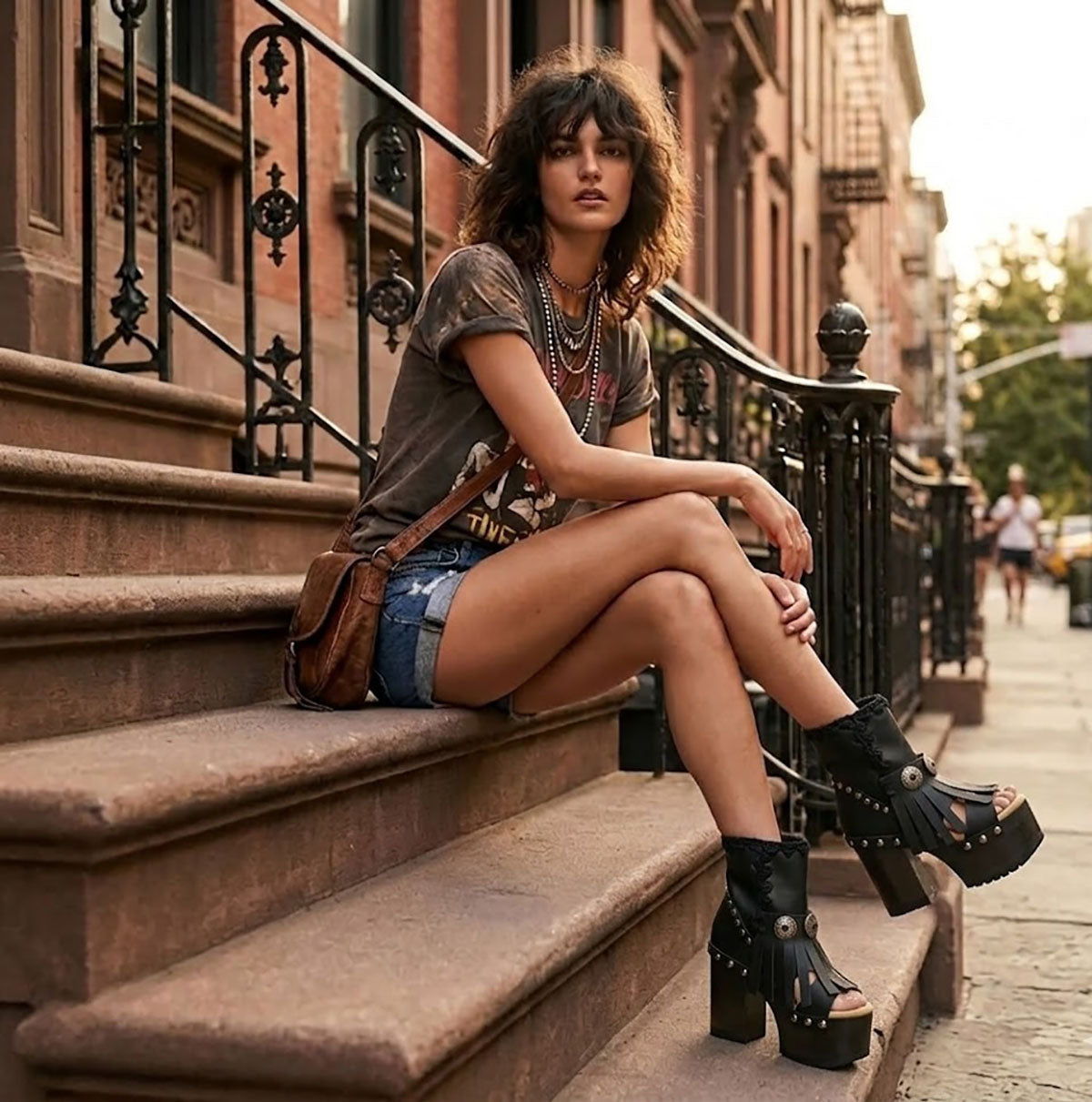 Model wearing Sol Caleyo bohemian leather platform sandals with wooden heel and silver decorative studs. High-end boho-chic summer outfit featuring artisan handcrafted footwear.