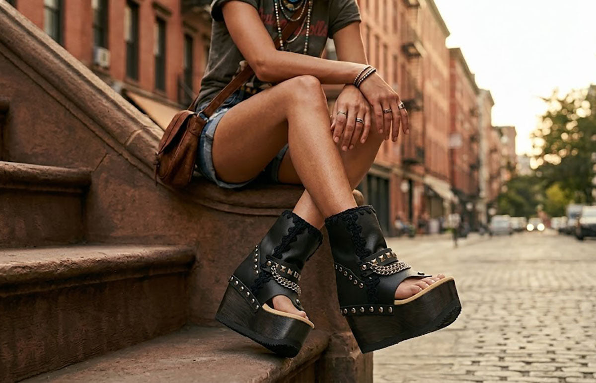 Model wearing Sol Caleyo Texas artisan sandals. High-end platform footwear in black leather with silver hardware and studded details. Luxury handmade wooden wedge sandals for a bold bohemian look.