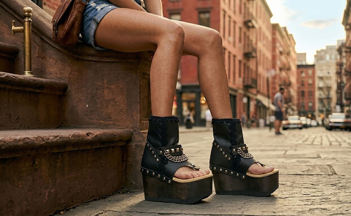 Model wearing Sol Caleyo Texas artisan sandals. High-end platform footwear in black leather with silver hardware and studded details. Luxury handmade wooden wedge sandals for a bold bohemian look.