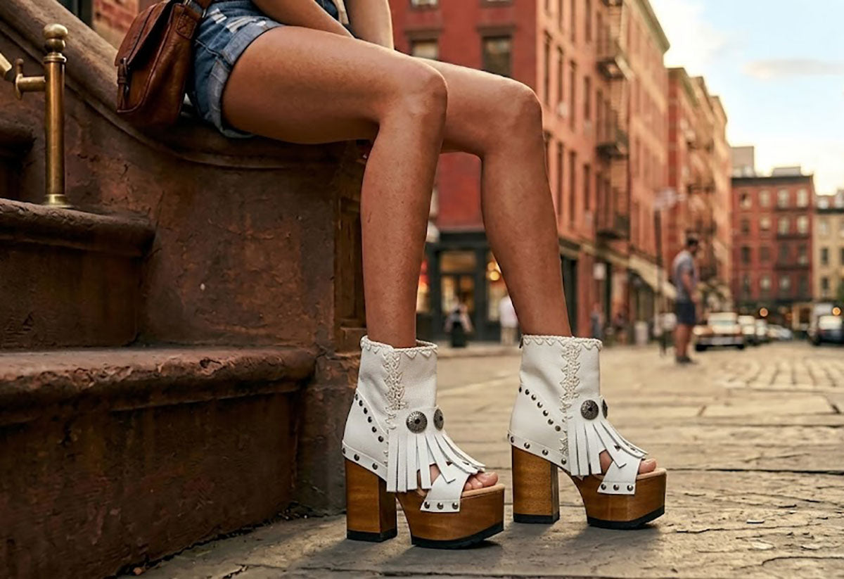 Model wearing Sol Caleyo bohemian leather platform sandals with wooden heel and silver decorative studs. High-end boho-chic summer outfit featuring artisan handcrafted footwear.