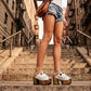 White leather sandal. White leather sandal boho style. White leather sandal decorated with fringes and silver conchos with a unique boho style. Wooden clog sandals with super high heels 70's style. Sizes 34 to 47. High quality handmade leather shoes by sol Caleyo. Sustainable fashion.