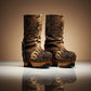 Sol Caleyo Tiger Boots - Handcrafted tiger-print suede boots with 3.5-inch wooden platform and antique gold buckle.