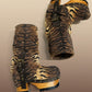 Sol Caleyo Tiger Boots - Handcrafted tiger-print suede boots with 3.5-inch wooden platform and antique gold buckle.