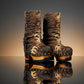 Sol Caleyo Tiger Boots - Handcrafted tiger-print suede boots with 3.5-inch wooden platform and antique gold buckle.