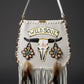 Handcrafted suede leather bohemian bag with a hand-painted and embroidered buffalo head design, decorated with natural shells, feathers, horns, fringe, an adjustable leather strap, and a fully lined interior.