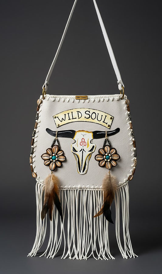 Handcrafted suede leather bohemian bag with a hand-painted and embroidered buffalo head design, decorated with natural shells, feathers, horns, fringe, an adjustable leather strap, and a fully lined interior.