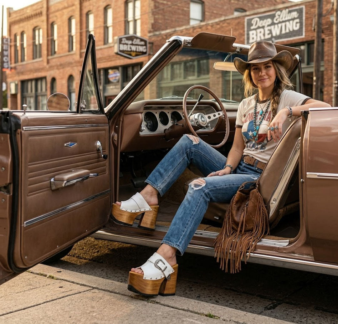 Full-body shot of a woman wearing a cowboy hat and handmade white leather Western platform clogs by Sol Caleyo, posing in a classic car, highlighting nomad-chic aesthetic.