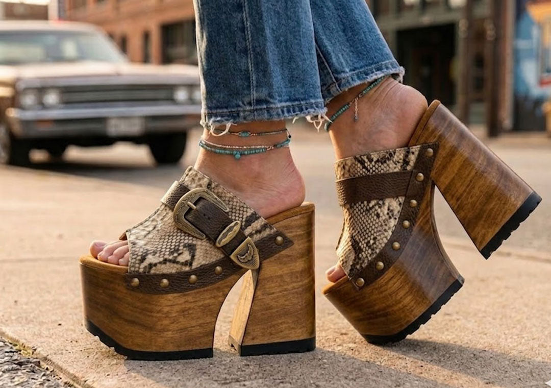 Sol Caleyo handmade Western platform clogs in exotic snake-print leather with 17cm wooden heel and antique-brass concho buckle details.