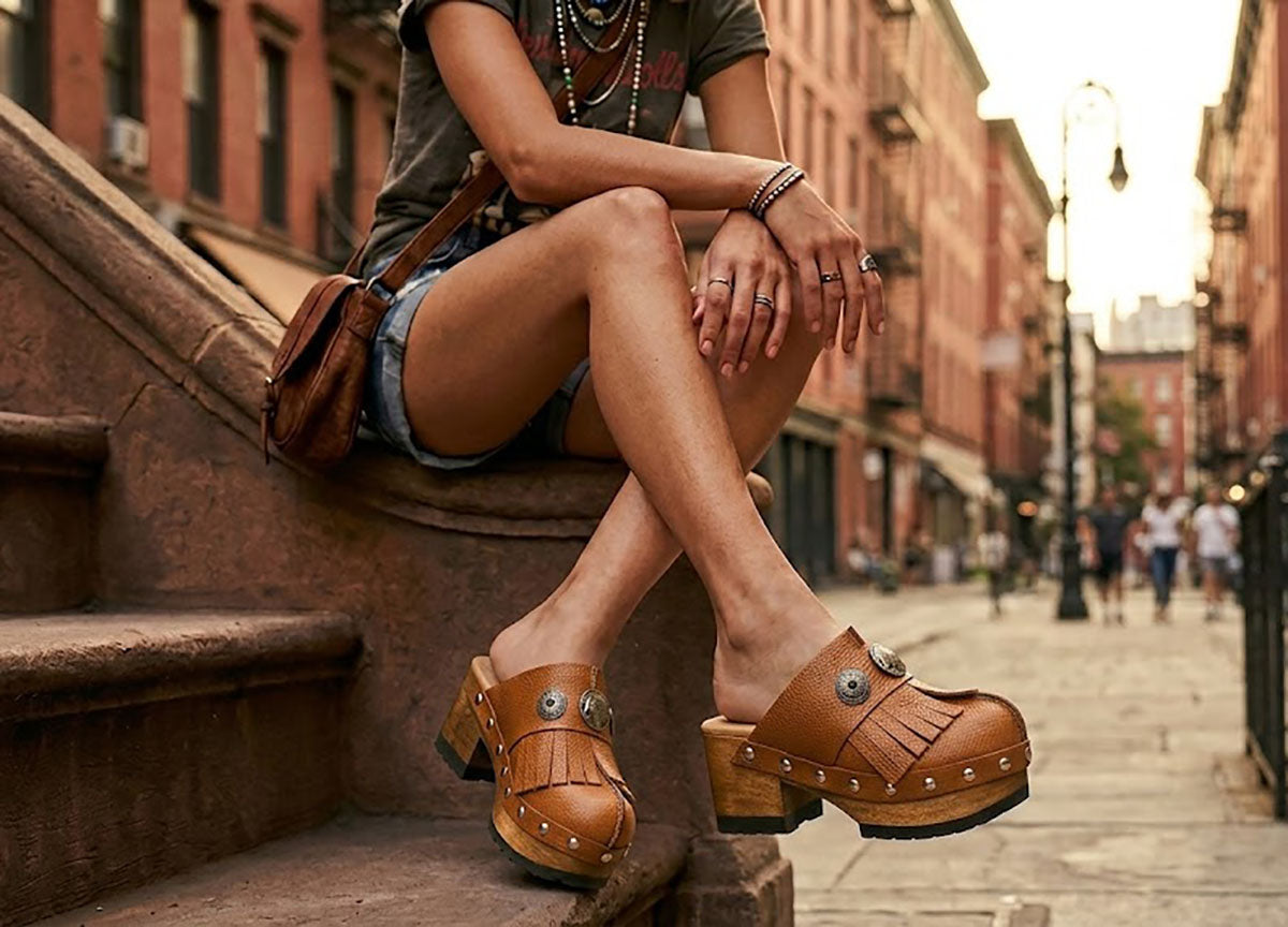 A woman sitting on New York brownstone steps wearing Sol Caleyo bohemian leather platform clogs and denim shorts.