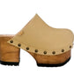 Sand beige leather clogs with wooden platform and high heel. Vintage 70s style wooden clogs. Handmade leather clogs, sizes 34 to 47. Exclusive design by Sol Caleyo.