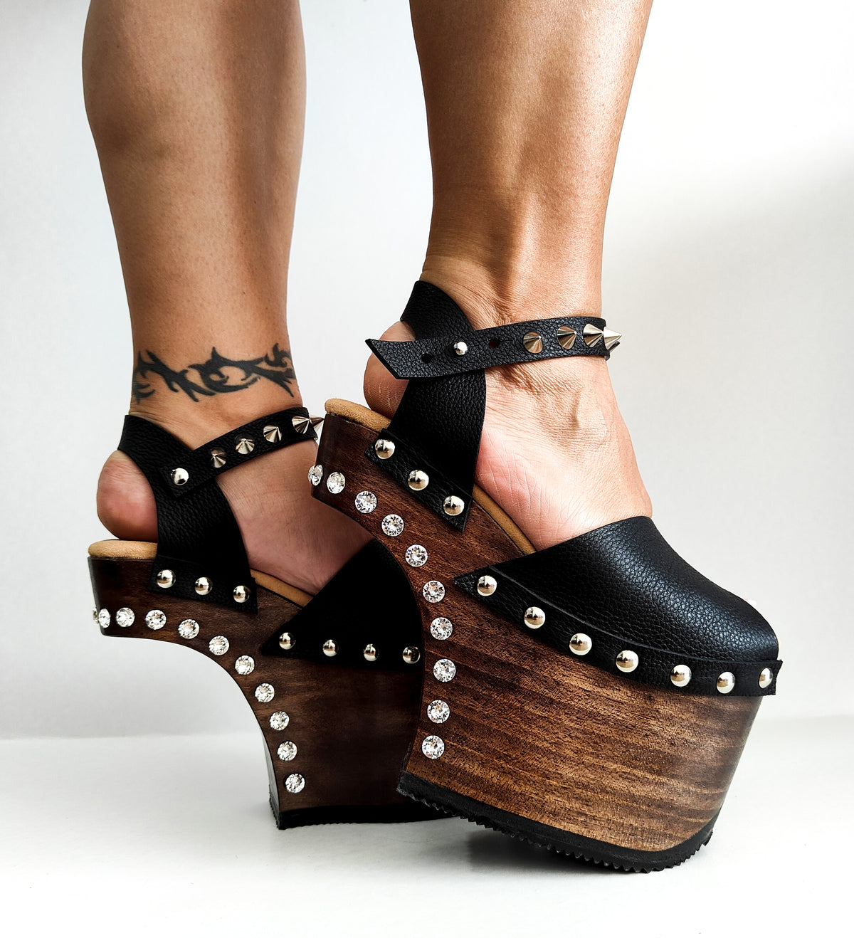 Leather platform sandals with Swarovski crystals, handmade to order in EU sizes 33 to 47