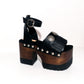 Clogs platform sae 90s. Super high wooden heels vintage style. Black leather clog with superndals vintage styl high wooden heel. Decorated with American Indian. High quality handmade leather shoes. Sizes 34 to 47.