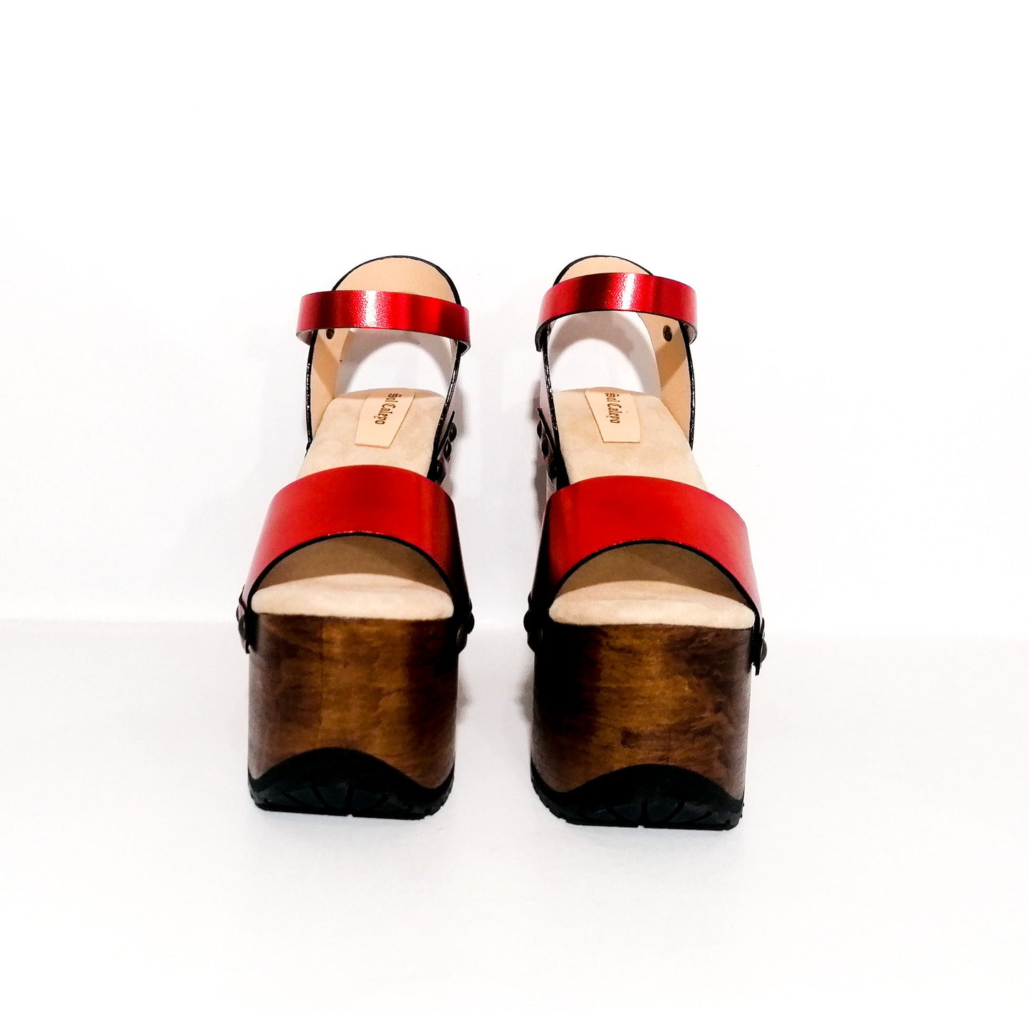 Vintage style red platform clog sandal. Super high wooden heel sandal. Vintage 70's style platform sandal. Sizes 34 to 47. High quality leather shoes handmade by sol Caleyo. Sustainable fashion.