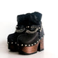 Black leather clog boot. Black leather boot decorated with studs and silver chains. Vintage style platform boot. Black leather biker style boot. Sizes 34 to 47. High quality handmade leather shoes by sol Caleyo. Sustainable fashion.