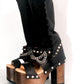 Black platform sandal with super high heel. Black super high heel platform boot with studs and silver chains. Super high heel biker style boot. Sizes 34 to 47. Handmade leather shoes by sol Caleyo.