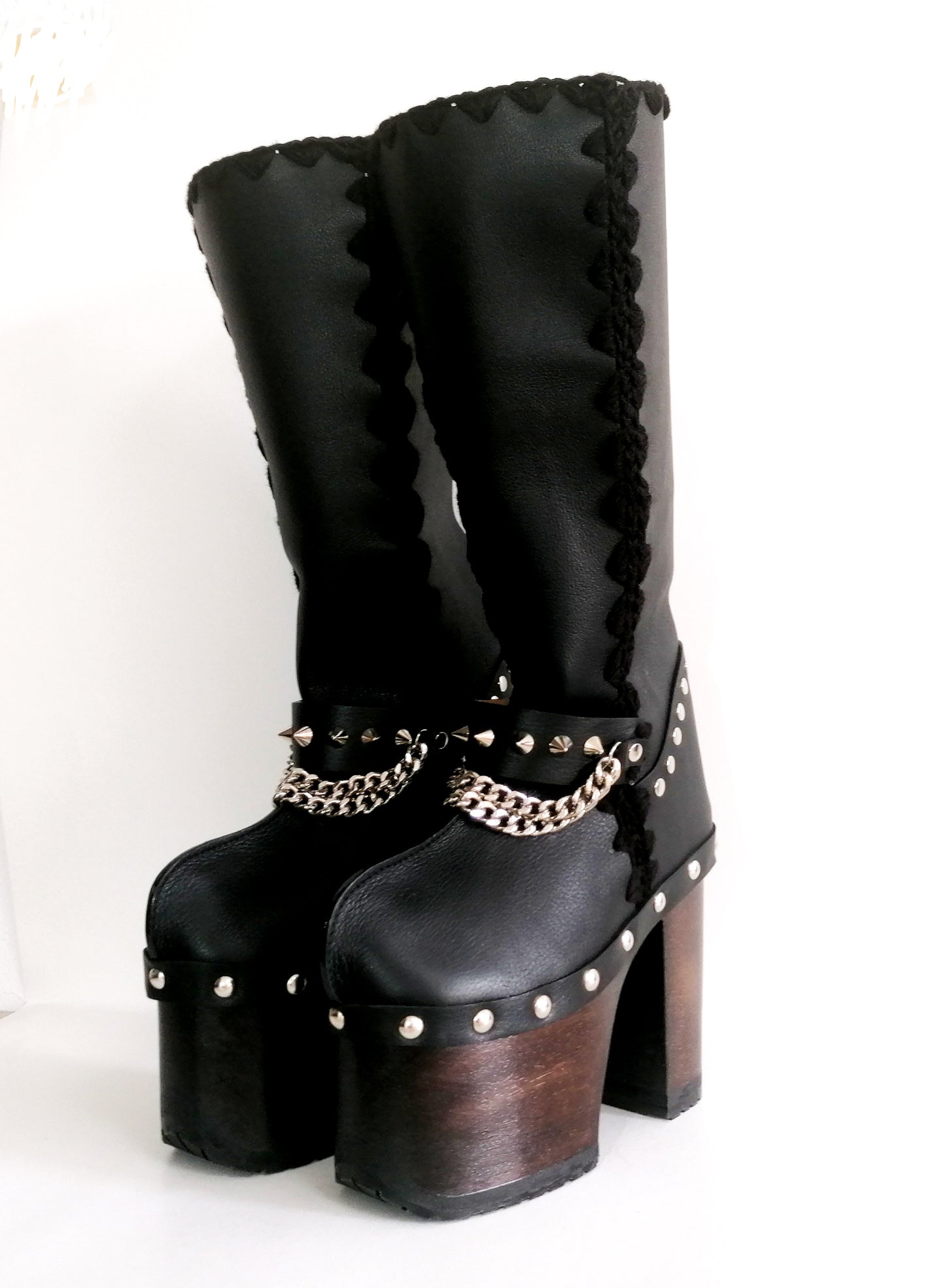 Super high heel platform boots. Black leather boots with studs and silver chains. Super high wooden heel. Sizes 34 to 47. High quality handmade leather shoes.