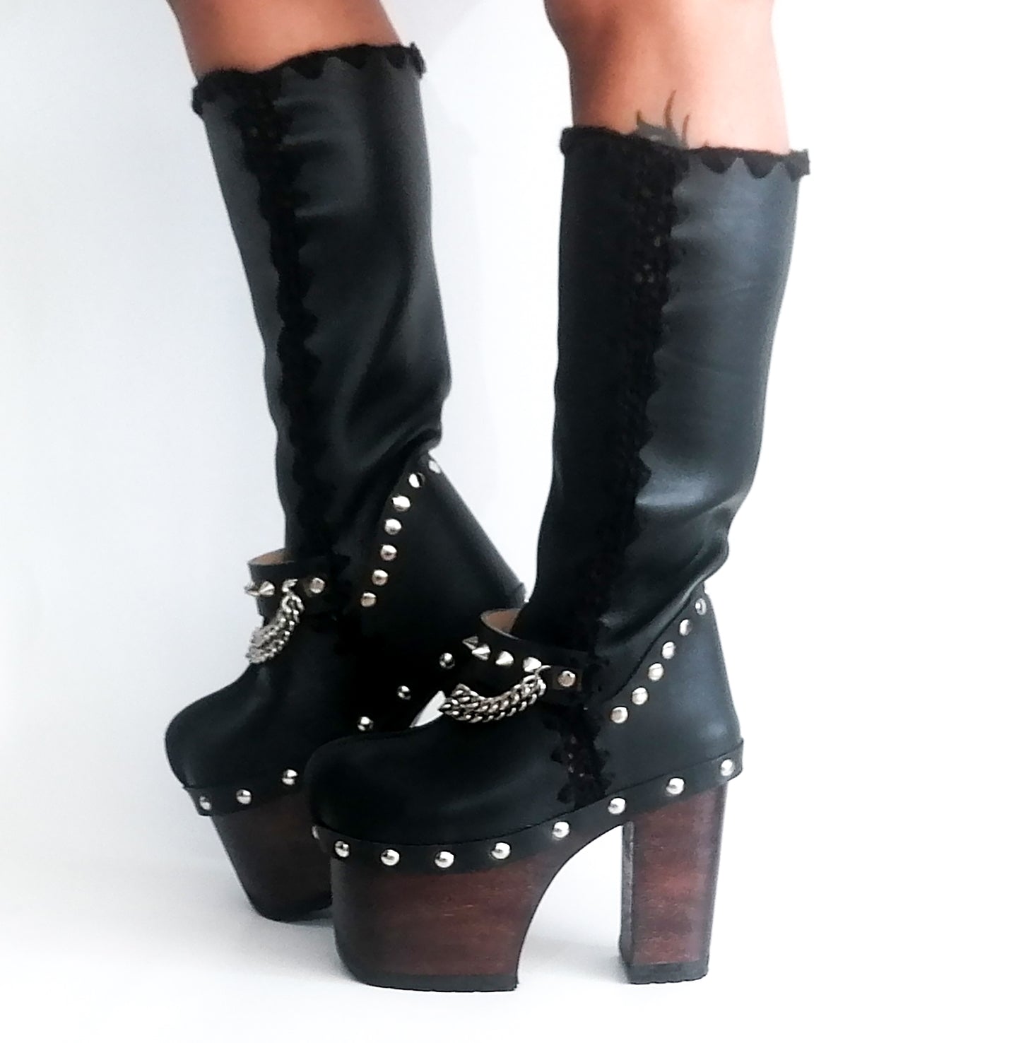 Super high heel platform boots. Black leather boots with studs and silver chains. Super high wooden heel. Sizes 34 to 47. High quality handmade leather shoes.