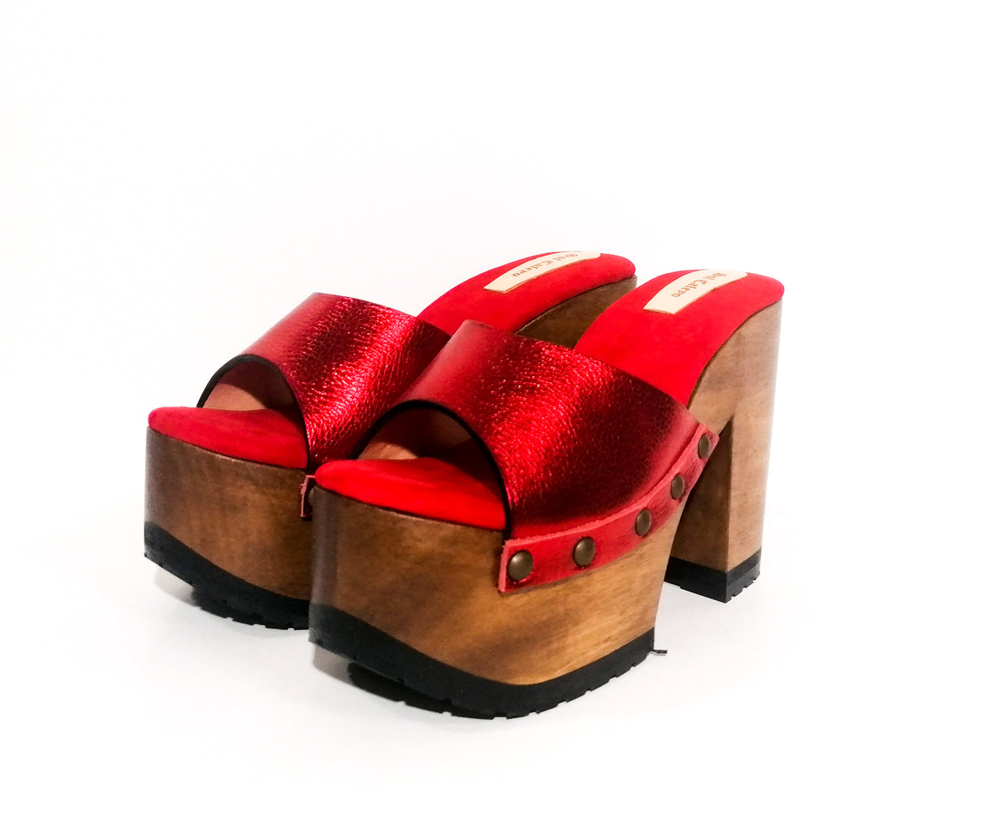 Red leather peep toe sandal. Platform sandal with super high wooden heel. Clog sandal 70's style. Sizes 34 to 47. High quality handmade leather shoes by sol Caleyo. Sustainable fashion.