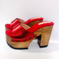 Red leather peep toe sandal. Platform sandal with super high wooden heel. Clog sandal 70's style. Sizes 34 to 47. High quality handmade leather shoes by sol Caleyo. Sustainable fashion.