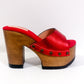 Red leather peep toe sandal. Platform sandal with super high wooden heel. Clog sandal 70's style. Sizes 34 to 47. High quality handmade leather shoes by sol Caleyo. Sustainable fashion.