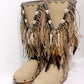 Wooden clog boot. Suede leather boot decorated with fringes, natural shells, feathers, horns and hand painted buffalo. Bohemian style boot with wooden wedge. Sizes 34 to 47. High quality leather footwear handmade by sol Caleyo. Sustainable fashion.