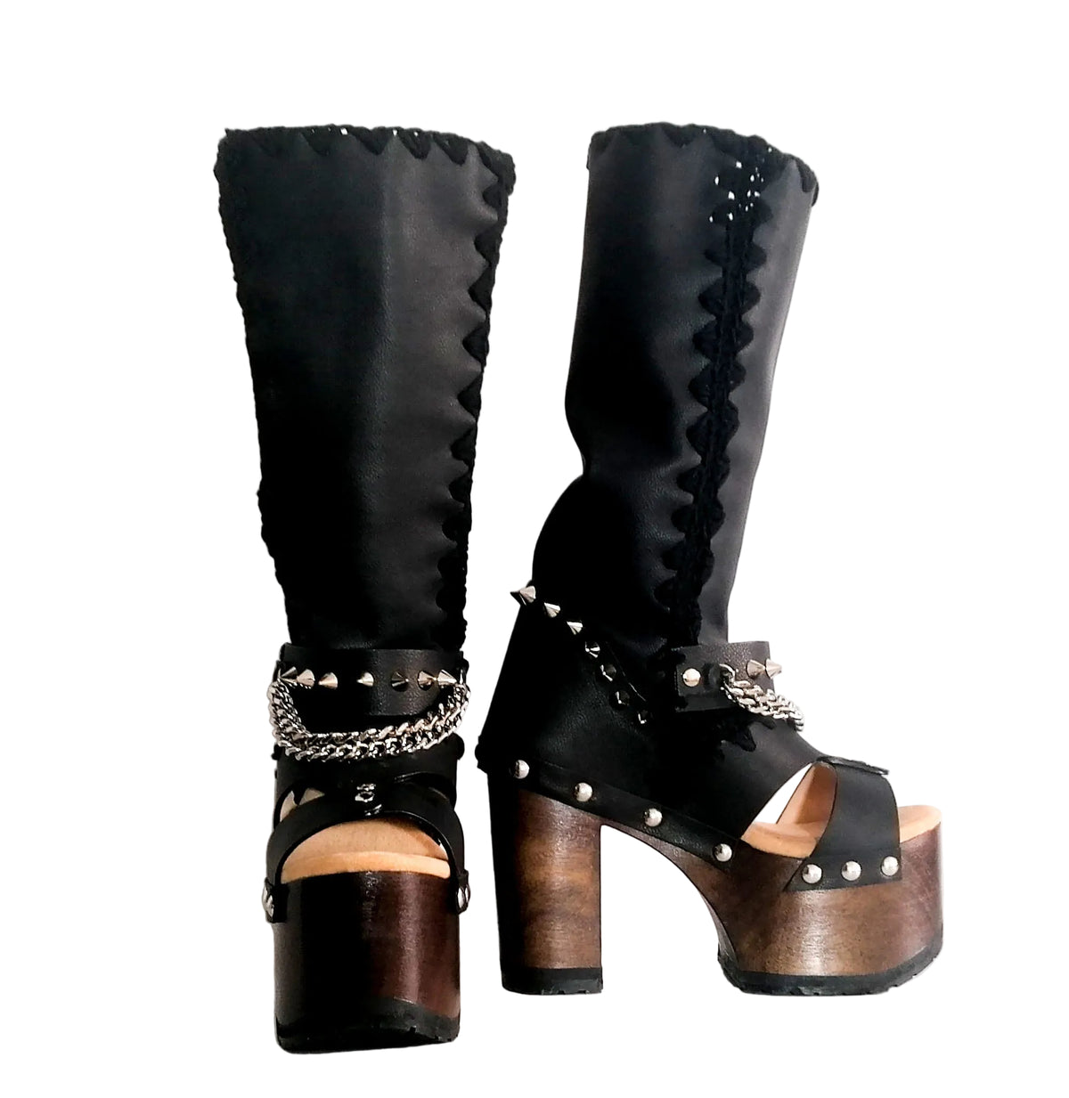 Black platform sandal with super high heel. Black super high heel platform boot with studs and silver chains. Super high heel biker style boot. Sizes 34 to 47. Handmade leather shoes by sol Caleyo.
