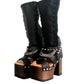 Black platform sandal with super high heel. Black super high heel platform boot with studs and silver chains. Super high heel biker style boot. Sizes 34 to 47. Handmade leather shoes by sol Caleyo.