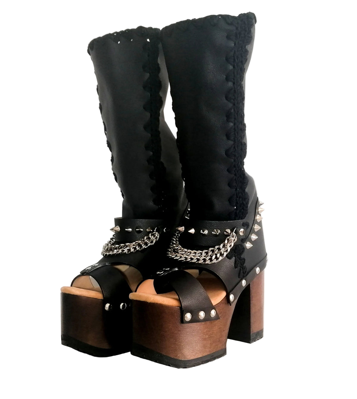 Black platform sandal with super high heel. Black super high heel platform boot with studs and silver chains. Super high heel biker style boot. Sizes 34 to 47. Handmade leather shoes by sol Caleyo.