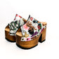 Handmade white tattoo print leather open toe platform mule clogs with tiger, dragon and floral print, wide strap, old-gold studs and 12 cm light oak lacquered wooden heel by Sol Caleyo.