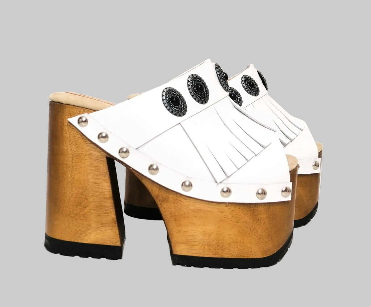 Boho Soul white leather mule sandals with fringe, handmade to order in EU sizes 33 to 47
