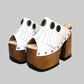 White boho sandals on a 14 cm wooden heel, ready in 20 to 30 days