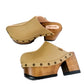 Sand beige leather clogs with wooden platform and high heel. Vintage 70s style wooden clogs. Handmade leather clogs, sizes 34 to 47. Exclusive design by Sol Caleyo.