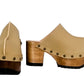 Sand beige leather clogs with wooden platform and high heel. Vintage 70s style wooden clogs. Handmade leather clogs, sizes 34 to 47. Exclusive design by Sol Caleyo.